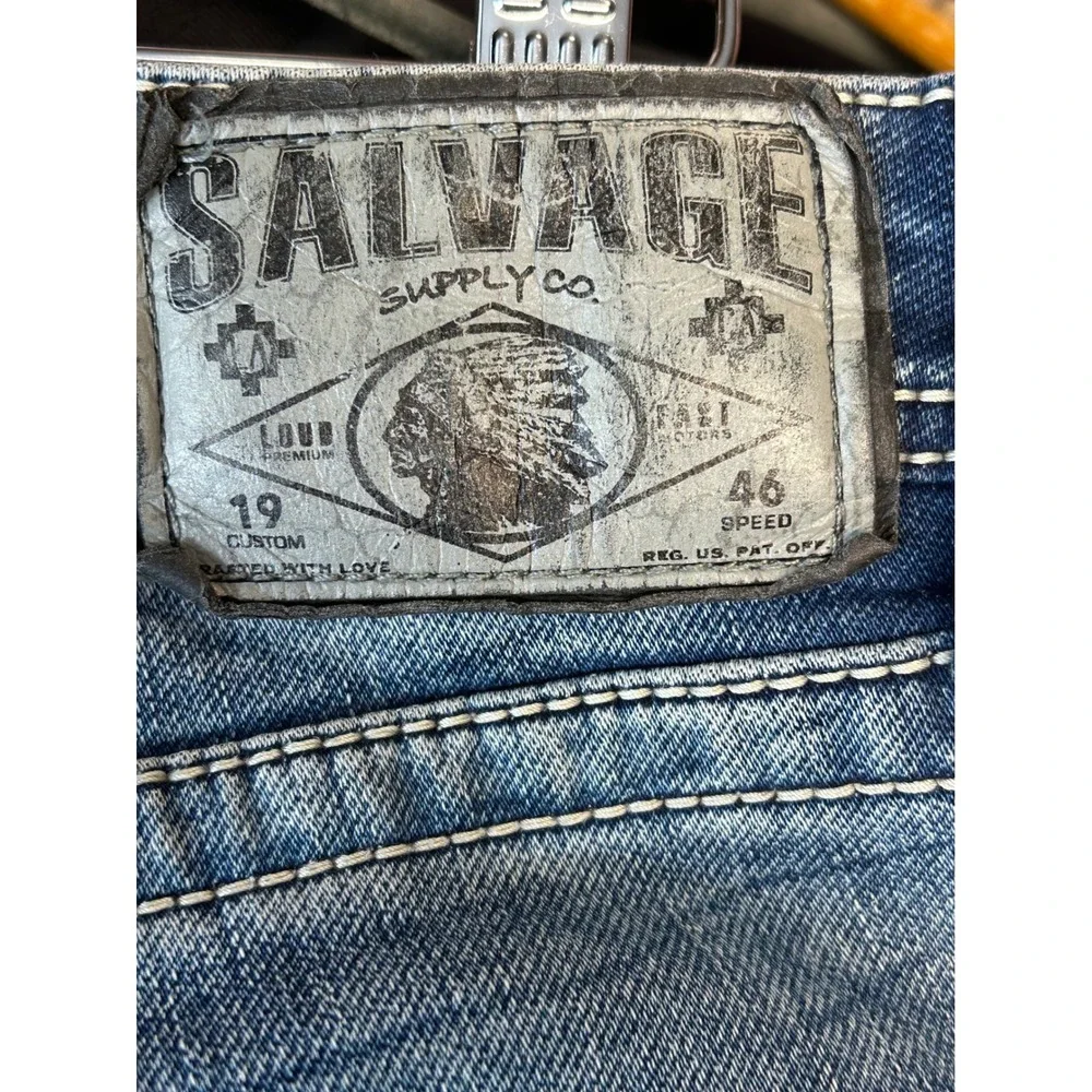 Salvage Havoc Mens Straight Leg Distressed Jeans Blue Medium Wash 36x32 Biker